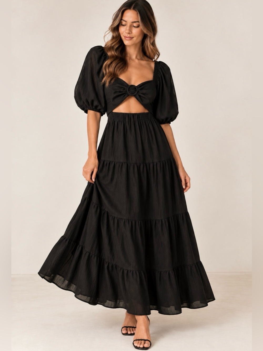 MINKPINK Black Puff-Sleeve Maxi Dress with Bow-Back Detail Size Small
